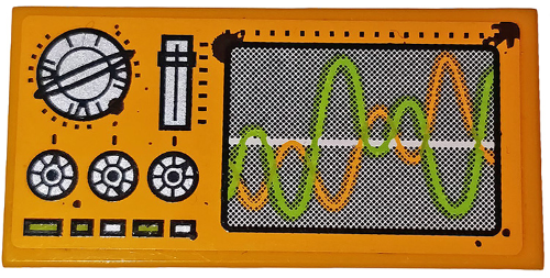 Tile 2 x 4 with Control Panel and Monitor with Lime and Orange Sine Waves Pattern (Sticker) - Set 70134
