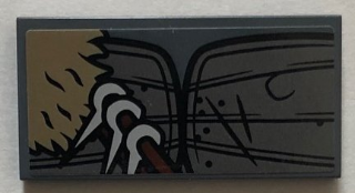 Tile 2 x 4 with Pearl Dark Gray Armor, Dark Tan Fur, and Metallic Silver Spikes on Reddish Brown Sash Upper Pattern (Sticker) - Set 76075