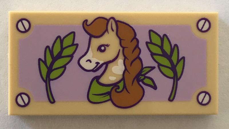 Tile 2 x 4 with Horse with Braided Mane, Green Leaves, and Lavender Background Pattern