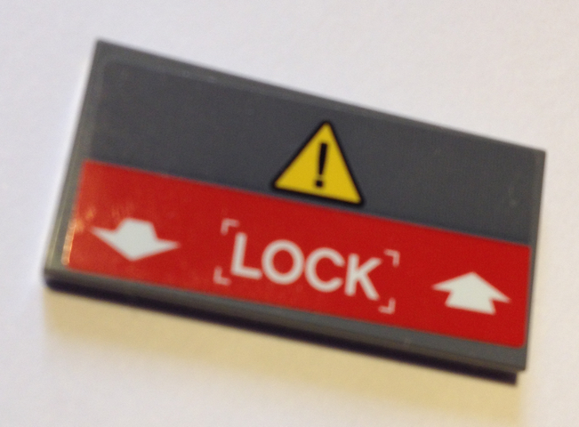 Tile 2 x 4 with Yellow Triangle with Exclamation Mark, White Arrows and 'LOCK' on Red Background Pattern (Sticker) - Set 60125