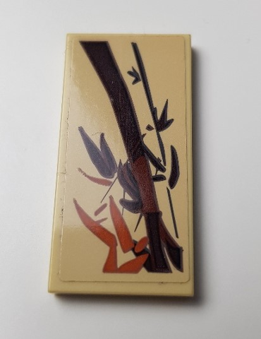 Tile 2 x 4 with Dark Brown and Orange Asian Flower and Bamboo Decoration Pattern 1 (Sticker) - Set 70618