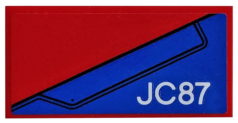 Tile 2 x 4 with Blue Wing Panel and 'JC87' on Red Background Pattern Model Left Side (Sticker) - Set 76076