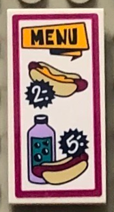 Tile 2 x 4 with 'MENU', '2.-' Hot Dog, '5.-' Hot Dog and Bottled Drink Pattern (Sticker) - Set 41334