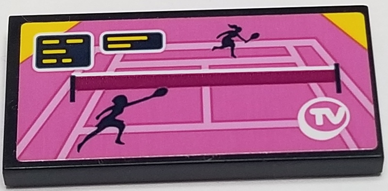 Tile 2 x 4 with Two Players on Pink Tennis Court and 'TV' Pattern (Sticker) - Set 41314