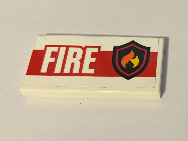 Tile 2 x 4 with Fire Logo Badge, 'FIRE', and Thick Red Stripe on White Background Pattern (Sticker) - Set 60110