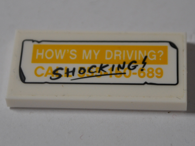 Tile 2 x 4 with 'HOW'S MY DRIVING?' on Yellow Background, Yellow 'CALL 555-150-689' on White Background and Black 'SHOCKING!' Pattern (Sticker) - Set 76083