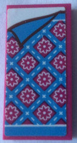 Tile 2 x 4 with Bedspread with Magenta Flowers and Medium Blue Stripes and Corner Pulled Back Pattern (Sticker) - Set 41126