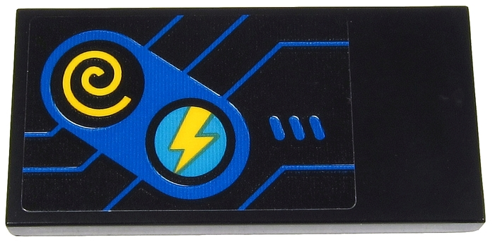 Tile 2 x 4 with Blue Game Controls with Yellow Lightning Bolt and Spiral Buttons and Blue Lines on Black Background Pattern (Sticker) - Set 71711