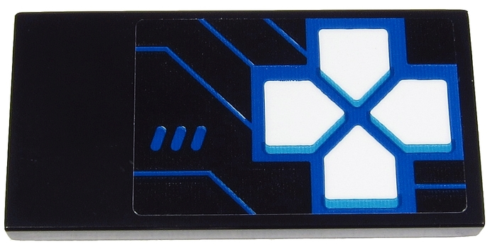 Tile 2 x 4 with Blue Game Controls with 4 White Arrow Buttons (Joystick) and Blue Lines on Black Background Pattern (Sticker) - Set 71711
