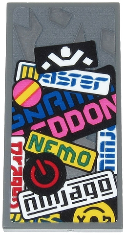 Tile 2 x 4 with Black 'ninjago', Green 'NEMO', White Ninja Silhouette, Power Button, Yellow Stripe and Partial Text Pattern (Sticker) - Set 71710