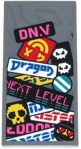 Tile 2 x 4 with Dark Pink 'DN.V' and 'NEXT LEVEL', Blue 'Dragon', Yellow Skull, Faces, Stripes and Partial Text Pattern (Sticker) - Set 71710