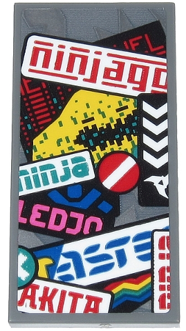 Tile 2 x 4 with Red 'ninjago', Green 'ninja', Blue Ninja Silhouette, White Stripe on Red Circle and Partial Text Pattern (Sticker) - Set 71710