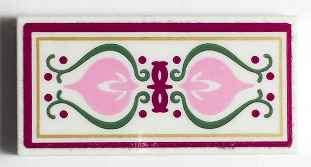 Tile 2 x 4 with Bright Pink Crest and Sand Green Scrollwork Pattern (Sticker) - Set 41068