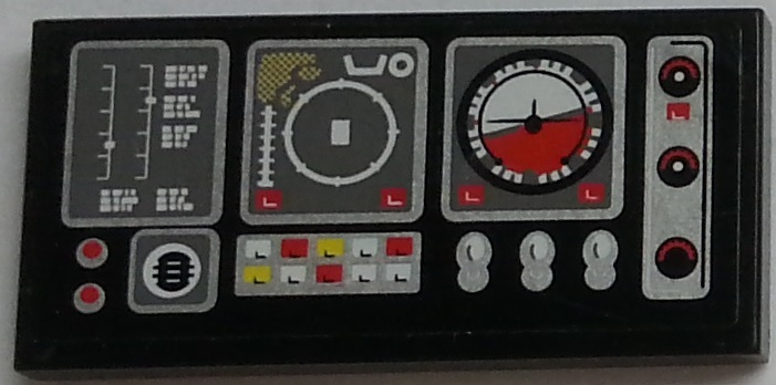 Tile 2 x 4 with Airplane Gauges and Buttons on Black Background Pattern Model Right Side (Sticker) - Set 9396