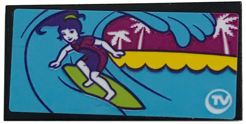 Tile 2 x 4 with Girl Surfing and 'TV' Pattern (Sticker) - Set 41317