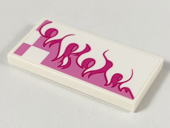 Tile 2 x 4 with White and Magenta Flames over Dark Pink Checkered Background Pattern Model Right Side (Sticker) - Set 80009
