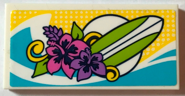 Tile 2 x 4 with Lime Surfboard, Dark Pink and Medium Lavender Hibiscus Flowers, and Medium Azure Wave Pattern (Sticker) - Set 41315
