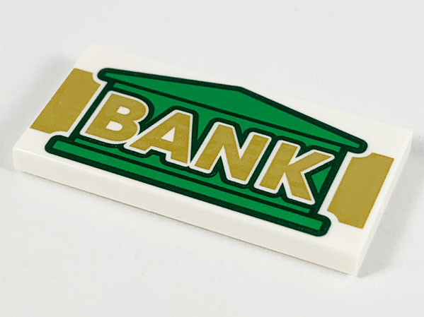 Tile 2 x 4 with Green Bank Building and Gold 'BANK' Pattern