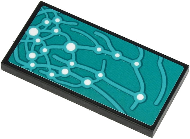 Tile 2 x 4 with Dark Turquoise Curved Lines and White Dots Pattern (Sticker) - Set 71705