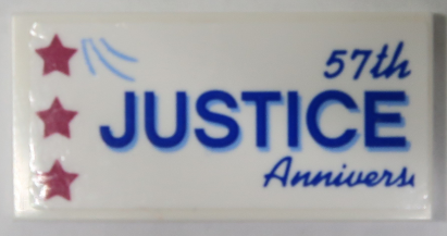 Tile 2 x 4 with Blue '57th JUSTICE Annivers' Banner with 3 Magenta Stars Pattern (Sticker) – Set 70919