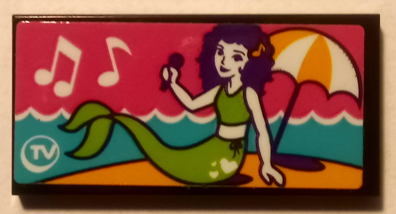 Tile 2 x 4 with Mermaid on Beach, Music Notes, Umbrella, and 'TV' Pattern (Sticker) - Set 41313