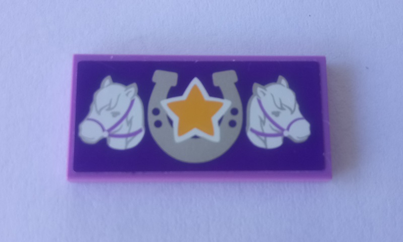 Tile 2 x 4 with Two Horses, Silver Horseshoe and Yellow Star on Dark Purple Background Pattern (Sticker) - Set 41057