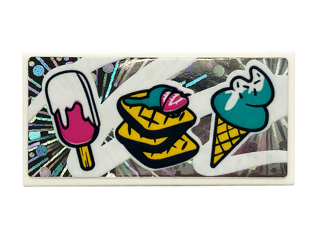 Tile 2 x 4 with Ice Cream Cone, Ice Pop (Freezer / Lollipop / Lolly / Pole / Popsicle / Stick) and Waffles Pattern (Sticker) - Set 41375