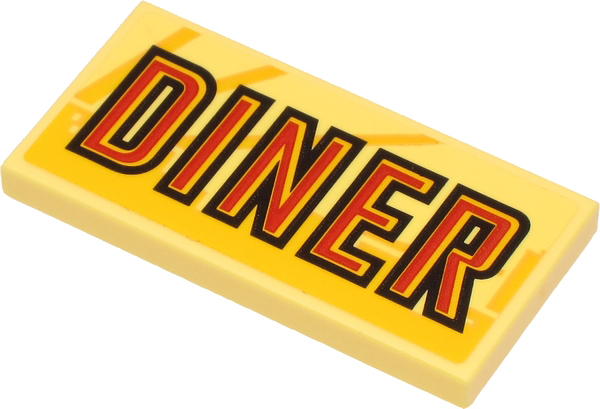 Tile 2 x 4 with Red and Black 'DINER' on Bright Light Yellow Background and Yellow Skyline Pattern (Sticker) - Set 60271