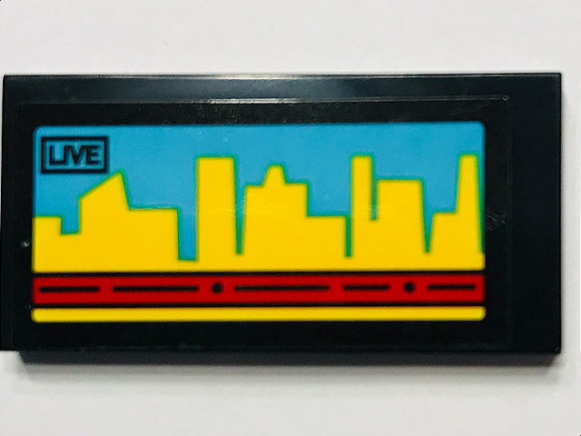 Tile 2 x 4 with Video Screen, 'LIVE' and Yellow Skyline on Medium Azure Background Pattern (Sticker) - Set 60102