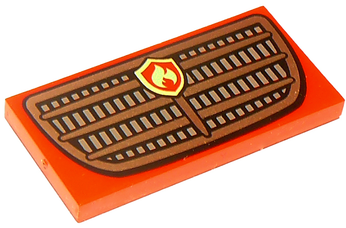 Tile 2 x 4 with Grille and Fire Logo Pattern