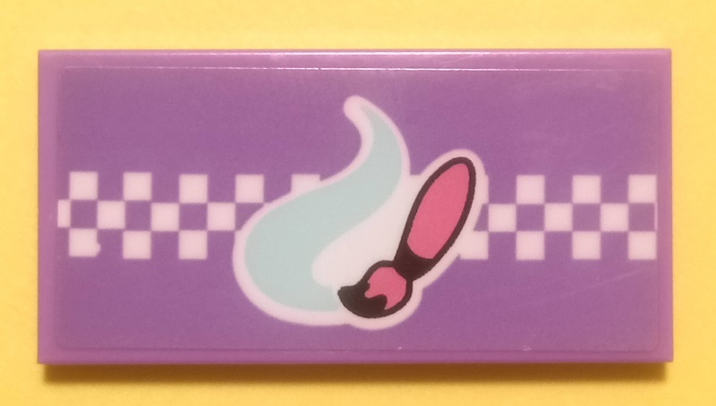 Tile 2 x 4 with Bright Pink Paint Brush, Light Aqua Paint Swirl and White Checkered Background Pattern (Sticker) - Set 41351