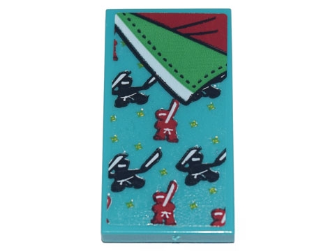 Tile 2 x 4 with Bedspread with Red and Black Ninjas, Green and Red Sheets Pattern (Sticker) - Set 71741