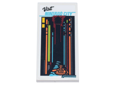 Tile 2 x 4 with Poster 'Visit NINJAGO CITY', Streetscape and Minifigure Paddling on River Pattern (Sticker) - Set 71741