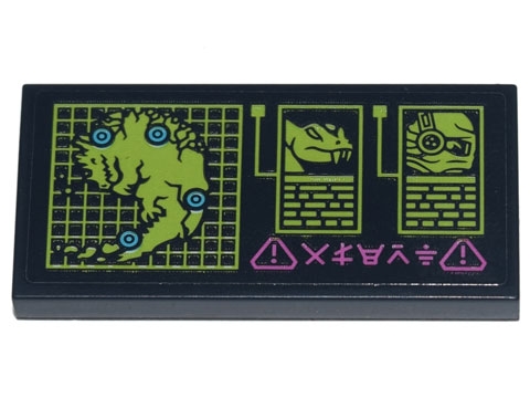 Tile 2 x 4 with Computer Display with Map of Ninjago, Pythor, General Cryptor and Dark Pink Ninjago Logogram 'ALERT' Pattern (Sticker) - Set 71741