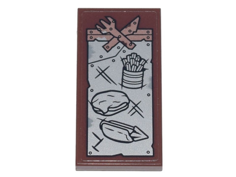 Tile 2 x 4 with Menu of Fries, Parmo, Hot Dog with Harpoon, Copper Crossed Knife and Fork, Silver Metal Plates and Rivets Pattern (Sticker) - Set 70840