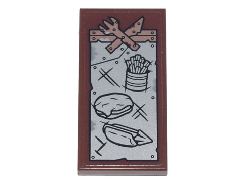Tile 2 x 4 with Menu of Fries, Parmo, Hot Dog with Harpoon, Copper Crossed Knife and Fork, Silver Metal Plates and Rivets Pattern (Sticker) - Set 70840