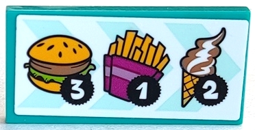 Tile 2 x 4 with Menu with Hamburger, French Fries, Ice Cream Cone, and Number 3, 1, and 2 in Black Circles Pattern (Sticker) - Set 41349