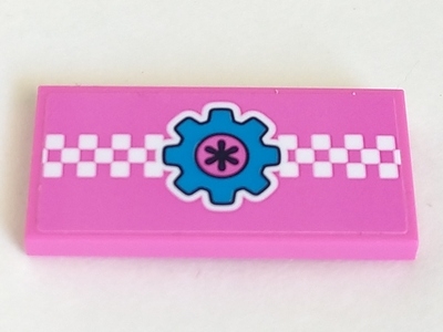 Tile 2 x 4 with White Checkered Stripe and Dark Azure Gear on Dark Pink Background Pattern (Sticker) - Set 41348