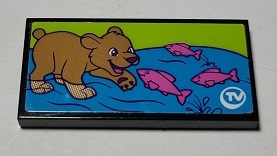 Tile 2 x 4 with Bear Cub and Dark Pink Fish on TV Pattern (Sticker) - Set 41339
