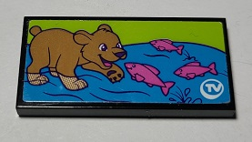 Tile 2 x 4 with Bear Cub and Dark Pink Fish on TV Pattern (Sticker) - Set 41339