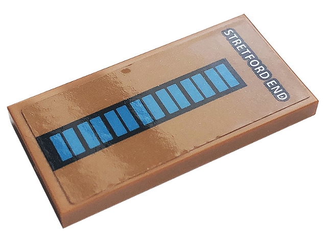 Tile 2 x 4 with White 'STRETFORD END' and Blue Rectangles Pattern (Sticker) - Set 10272