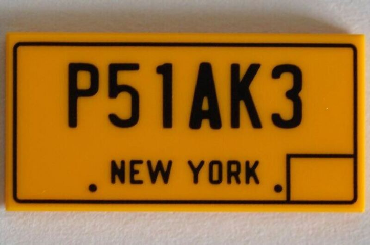 Tile 2 x 4 with Black 'P51AK3' and 'NEW YORK' Pattern