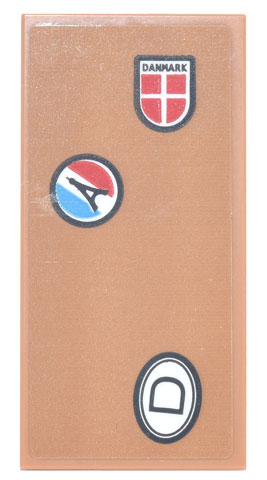 Tile 2 x 4 with French Flag Circle with Eiffel Tower, Danish Flag Shield with 'DANMARK', and Capital Letter D Pattern (Sticker) - Sets 10271 / 77942