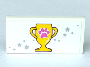 Tile 2 x 4 with Pink Paw Print on Trophy and Silver Stars Pattern (Sticker) - Set 41300