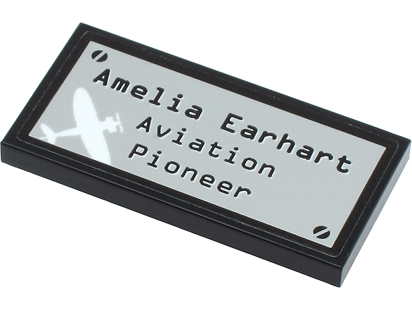 Tile 2 x 4 with 'Amelia Earhart Aviation Pioneer' and White Airplane on Silver Metal Plate Pattern (Sticker) - Set 40450