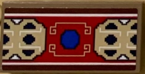 Tile 2 x 4 with Blue Circle on Red, Reddish Brown and Tan Decorative Rug Pattern (Sticker) - Set 71044