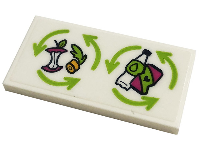 Tile 2 x 4 with Lime Recycling Arrows, Apple Core, Carrot Top, Bottle and Can Pattern (Sticker) - Set 41444