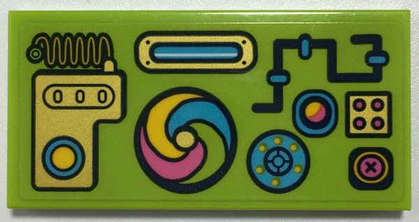 Tile 2 x 4 with Control Panel with Dark Pink, Gold, Medium Azure, and Yellow Buttons and Dials Pattern (Sticker) - Set 41252