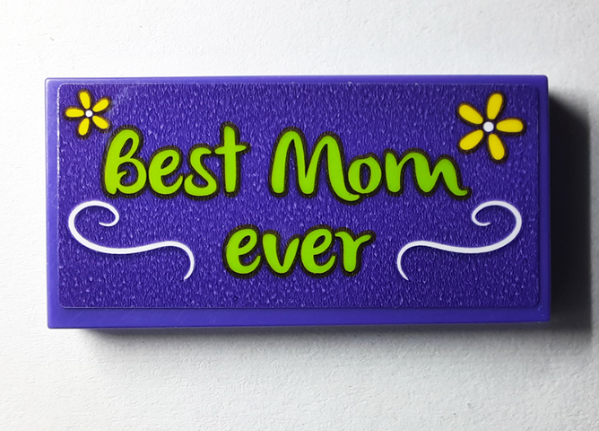 Tile 2 x 4 with Lime 'Best Mom ever', White Filigree, Yellow Flowers Pattern (Sticker) - Set 40385