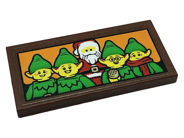 Tile 2 x 4 with Elves and Santa Claus on Orange Background Pattern (Sticker) - Set 10275